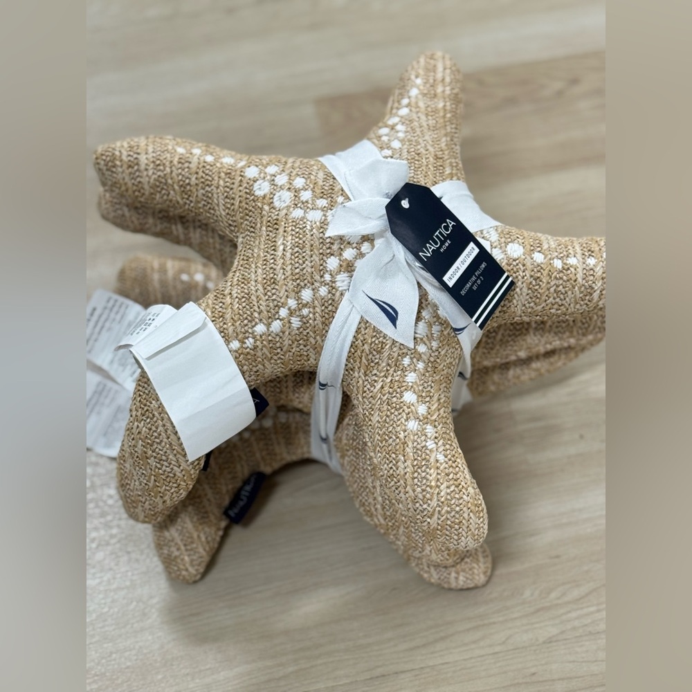 Nautica Tan Knit Starfish Decorative 3 PillowsSet with White Accents